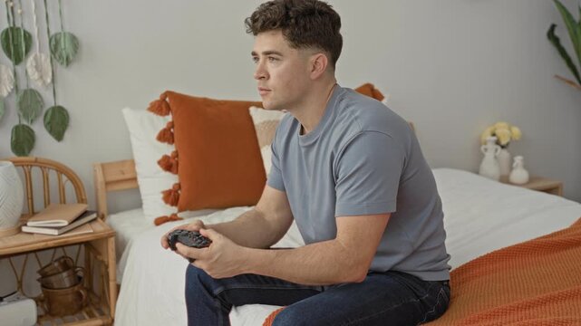 Man holding game controller on bed in bedroom, seated and leaning forward while looking up at screen; quiet concentration.