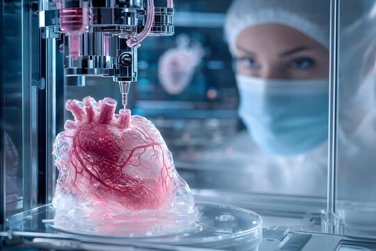 Scientist observing advanced bioprinter creating realistic artificial human heart in modern medical laboratory