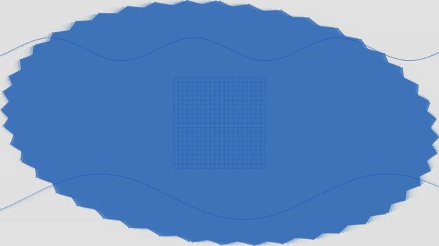 Blue jagged oval shape with wavy lines and subtle grid pattern on light grey background