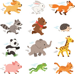 Fototapeta premium Cute Running Animals Vector Illustration Set Featuring Active Forest Safari and Farm Characters for Children Sports Education Materials and Decorative Wall Art Designs