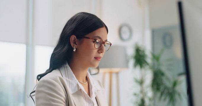 Office, creative and business woman on computer for marketing proposal, research and strategy. Reading, typing and person on pc for planning, brand promotion and email campaign for advertising