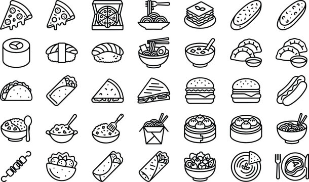 International food and fast food outline icon collection featuring pizza sushi burgers noodles tacos sandwiches and restaurant meal vectors