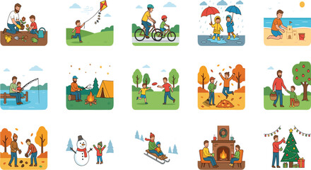 Fototapeta premium Father and Son Seasonal Activities Icon Set Showing Family Bonding Outdoor Adventures and Cozy Winter Traditions Throughout the Four Seasons