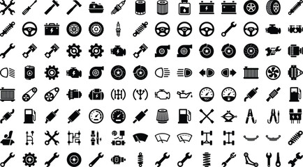 Car auto repair service spare parts and mechanical tools black glyph icons set isolated on white background © MSTJAKIA