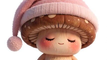 Fototapeta premium Cute mushroom character with closed eyes, rosy cheeks wears cozy pink nightcap. Adorable sleepy fungal creature rests peacefully under soft studio lighting. Whimsical 3D render features happy smiling