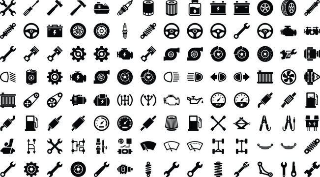 Car auto repair service spare parts and mechanical tools black glyph icons set isolated on white background