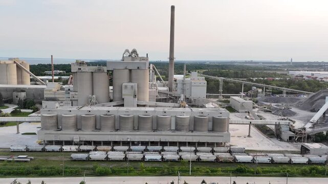 High-angle aerial tracking shot shifting rightward past concrete silos, a kiln smokestack, long conveyor bridges, and large grey aggregate piles at a cement factory in Mississauga, Canada