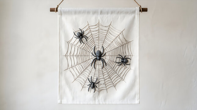 White fabric wall hanging features a black spider web design with four black spiders, one large in the center and three smaller ones around it, suspended against a light-colored wall.