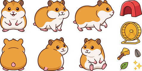 Fototapeta premium Cute Hamster Cartoon Character Vector Asset Set Displaying Various Poses with Full Cheeks, Sitting, Walking, Turning Around, Running Wheel, and Small House