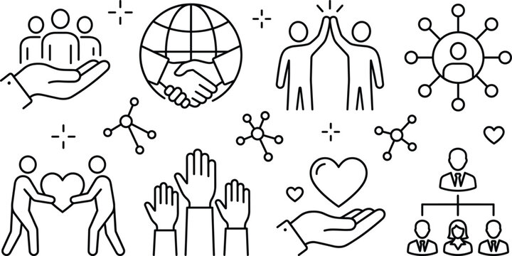 Global community and corporate teamwork line icon set featuring handshake handshake high five charity hands heart hierarchy and networks