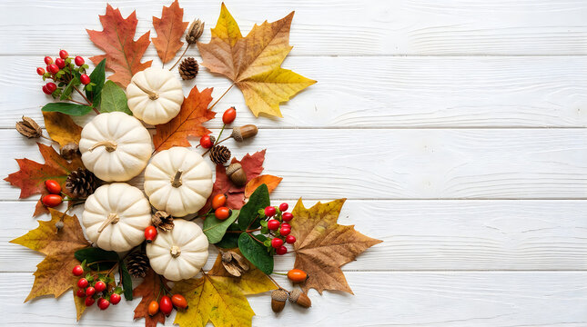 An autumnal arrangement of small white pumpkins, colorful maple leaves, red berries, acorns, and pinecones is artfully placed on a rustic white wooden plank background, offering a festive fall.