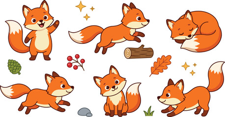 Obraz premium Cute Little Fox Cartoon Character Vector Asset Set Featuring Adorable Forest Animal Jumping Over Log, Sleeping Curled Up, Waving, and Running Poses
