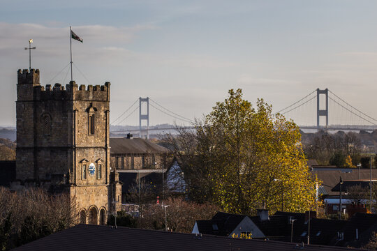 St Mary's Priory Church Tower with Distant Severn Bridge in Chepstow Monmouthshire Wales