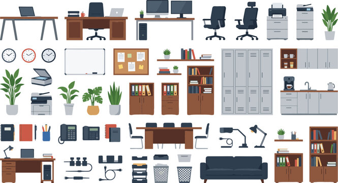 Modern office furniture and workplace illustration collection featuring desks chairs storage cabinets office equipment and corporate interior vectors