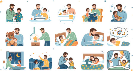 Fototapeta premium Father and Son Nighttime Bedtime Routine Vector Illustration Set with Brushing Teeth Bathing Reading Story Tucking in Bed and Morning Wakeup Family Bonding Designs