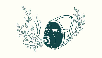 Surreal Gas Mask Illustration with Growing Plants Symbolizing Life Rebirth and Environmental Hope