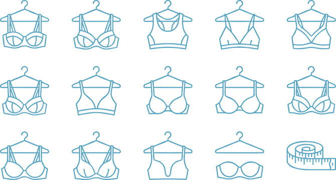 Lingerie and brassiere line icons vector set featuring underwear sports bra strapless bralette hanger and tape measure details