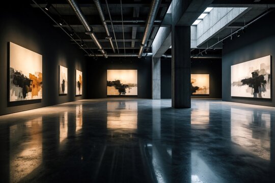 Modern art gallery space with large abstract paintings on dark walls, polished concrete floors reflecting ambient light. Industrial design features exposed pipes, concrete pillars creating