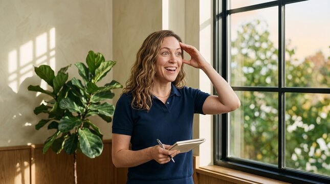 Happy woman having a eureka moment of inspiration while holding a notebook by a window