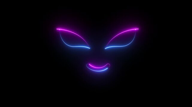 Neon Alien Face with Large Eye, Cute Extraterrestrial Character Icon, Glowing UFO and Space Creature Symbol, Futuristic Gaming and Sci-Fi Animation