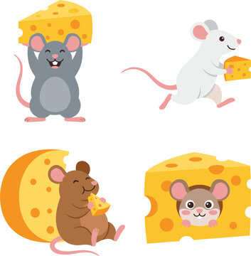 Cartoon mice with cheese wedges colorful vector illustration on a white background