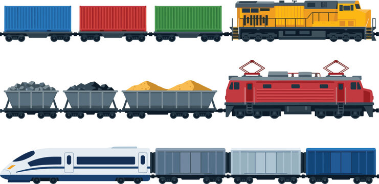 Industrial Freight Train Vector Set Featuring Diesel Locomotive Electric Engine High Speed Train Cargo Containers Coal Hoppers and Covered Boxcars