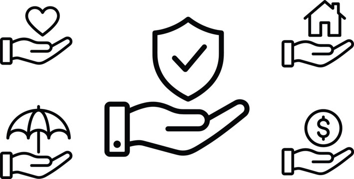 Insurance coverage policy protection and security hand line icon set family health home money safety vector illustration guarantee