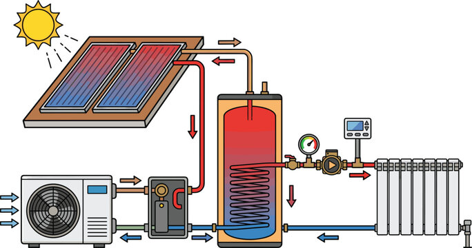 Solar Thermal Water Heating System Scheme with Rooftop Collectors, Heat Pump, Storage Boiler Tank, Radiator, Pipes, and Digital Controllers Vector Illustration