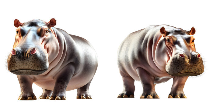 Two hippopotamuses standing facing forward isolated on a transparent background