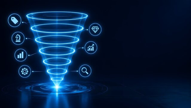 Lead generation sales funnel process displaying glowing analytics icons for e-commerce conversion rate optimization and customer journey.