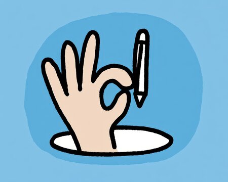 Hand gesture illustration showing an okay sign holding a pen, hand emerging from a hole, creative doodle style graphic design element