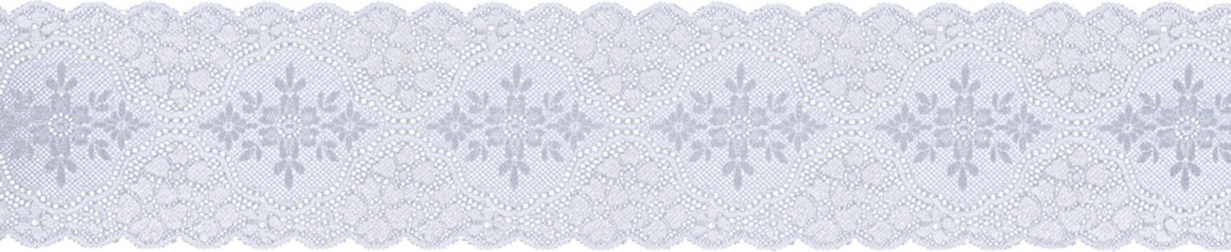 Decorative white floral lace ribbon trim isolated on transparent background