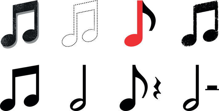 Music notes vector icons set featuring eighth notes quarter notes in various graphic styles like grunge outline and minimalist silhouettes