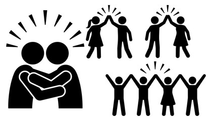 Stick figure people icon set isolated on white background depicting friendship hug high five greeting victory celebration and strong teamwork connection in business or community
