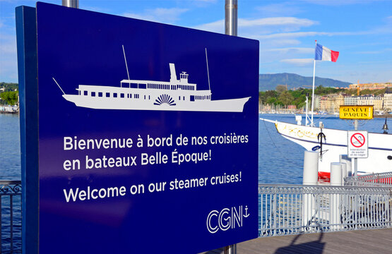 Geneva, Switzerland, Europe : Steamboat Savoie, Gen&egrave;ve-P&acirc;quis cruise ships port, Welcome to steamer cruises board at entrance to port, CGN - Lake Geneva Navigation Company