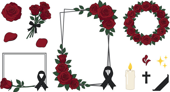 Funeral and Condolence Vector Element Set with Red Roses Floral Wreath Memorial Frames Black Ribbons Burning Candle and Christian Cross Symbols