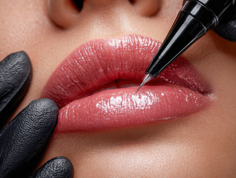 Lip tattooing procedure applying permanent makeup ink with a fine needle pen on glossy natural lips for enhanced beauty and definition