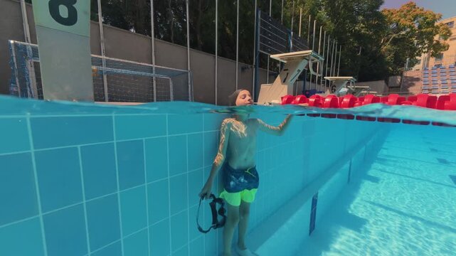 Split View Young Boy in Swimming Cap Standing in Outdoor Pool