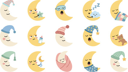 Fototapeta premium Cute Kawaii Sleeping Moon Icon Set Featuring Cartoon Slumber Characters with Nightcaps Sleeping Masks and Teddy Bear for Baby Nursery Graphic Designs