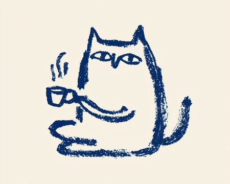 Hand drawn sketch of a relaxed cat holding a steaming cup of coffee, blue crayon style illustration on a light background