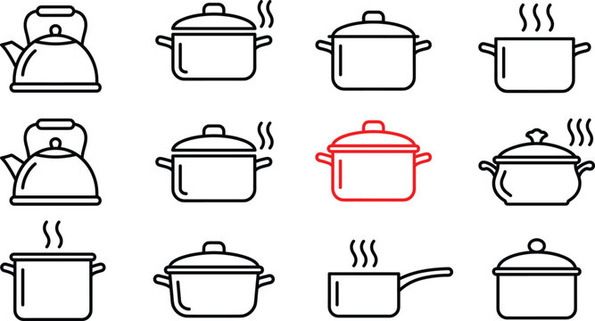 Kitchen cookware and cooking pot line icon set kettle saucepan boiling soup hot steam red vector food illustration
