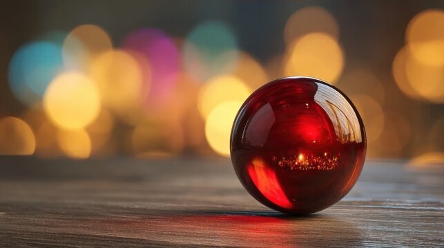 A shiny deep red glass marble resting on a wooden surface with soft glowing colorful bokeh lights blurred in the background creating a warm ambiance