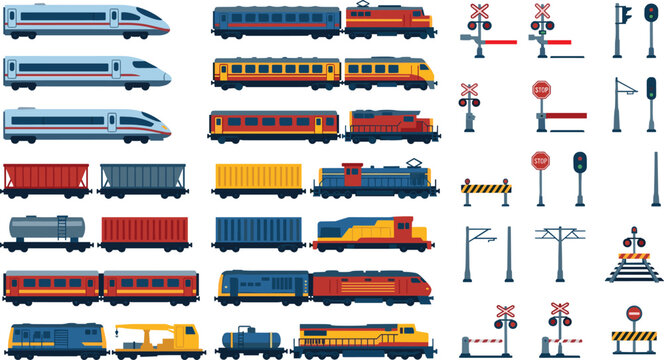 Railway transportation icon collection, colorful trains and railroad safety symbols, editable vector illustrations for logistics projects