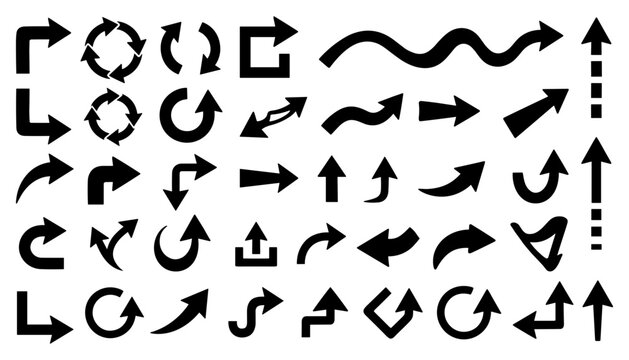 Black vector arrow icon bundle featuring right angle turns circular loop recycling signs long wavy lines and dashed straight pointers isolated on white background