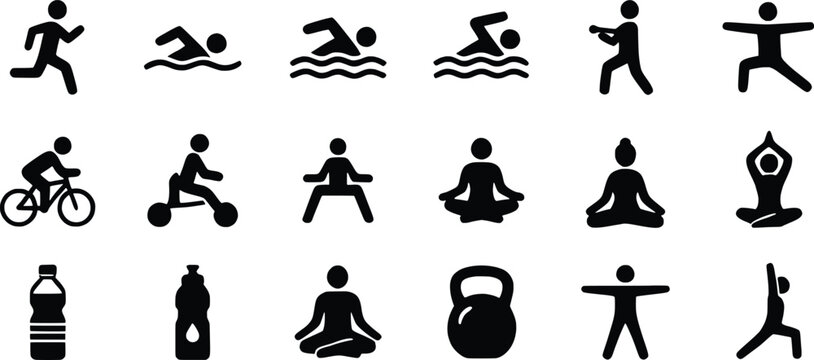 Minimalist fitness icons set, black vector sports pictograms. Collection of 18 workout symbols for gym apps and health tracking.