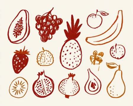 Hand drawn collection of various fresh fruits including grapes, pineapple, banana, strawberry, pomegranate, and pear in a sketch style
