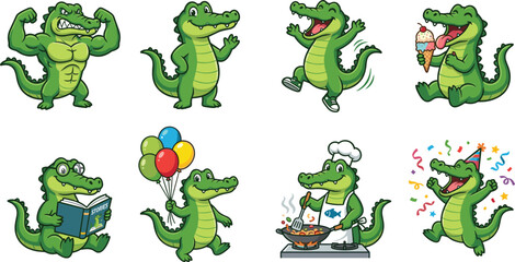 Fototapeta premium Cute cartoon alligator characters and funny crocodile vector icon set featuring various daily activities