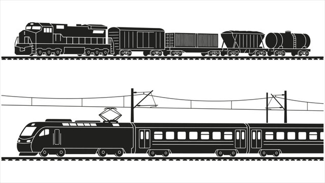 Freight and Passenger Train Silhouettes with Diesel and Electric Locomotives Vector Collection