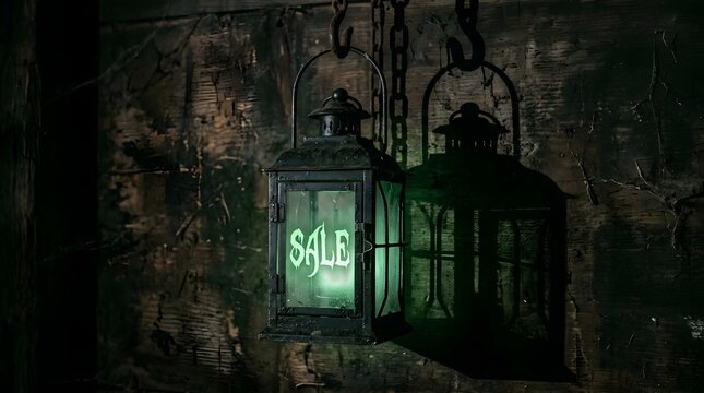 Vintage metal lantern with green glowing sale sign hanging in dark rustic room