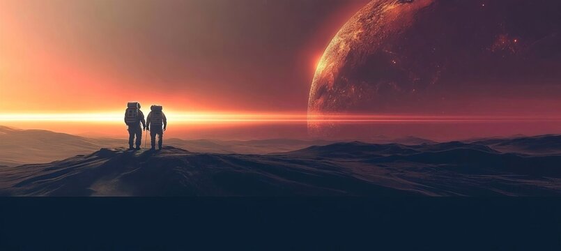 Two Astronauts Standing on the Surface of Alien Planet During a Beautiful Cinematic Space Sunrise
